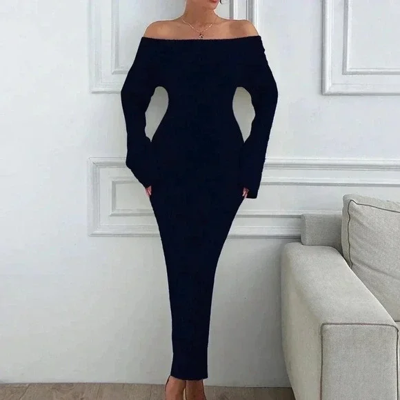 Black Elegant Women's Off Shoulder Sweater Maxi Dress Slim Fit - Picture 6 of 7